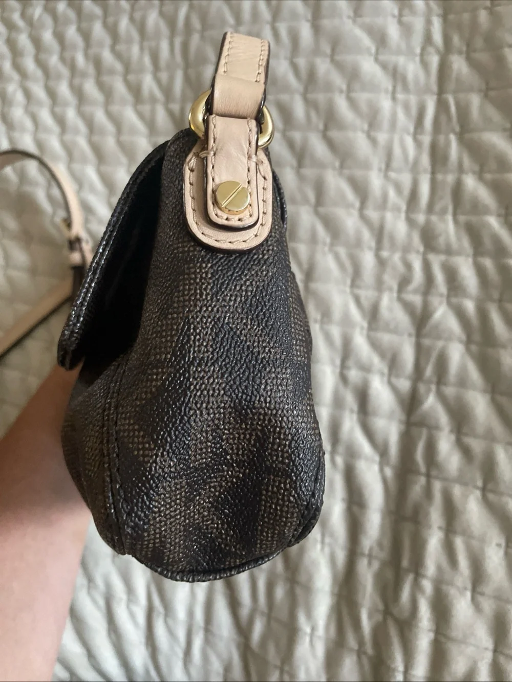 Michael Kors Brown Logo Crossbody with Pale tan Strap and Gold Plaque